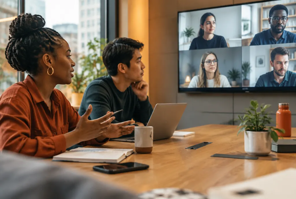A hybrid team meeting with remote colleagues on screen