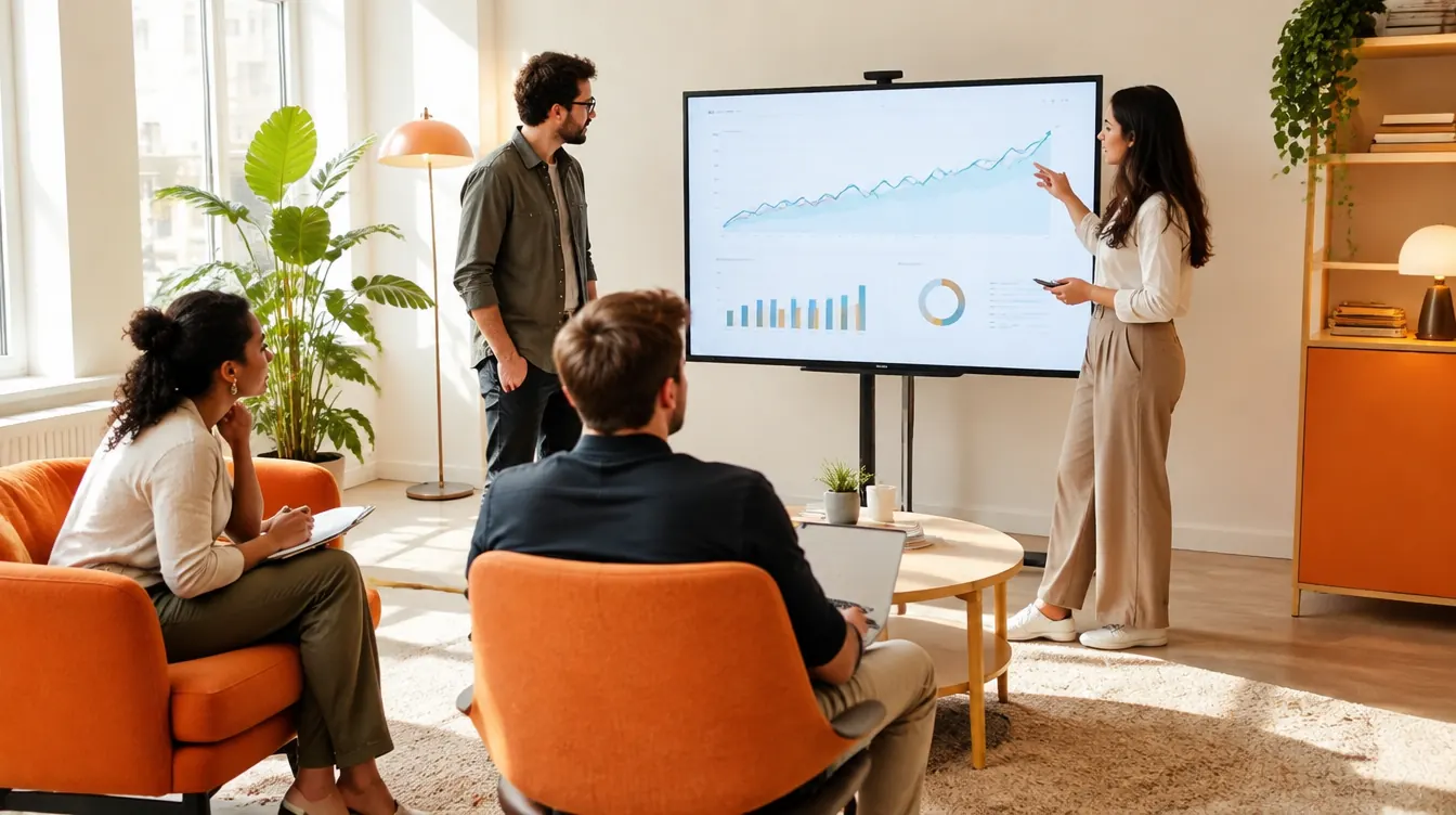 A marketing team reviewing search growth charts together